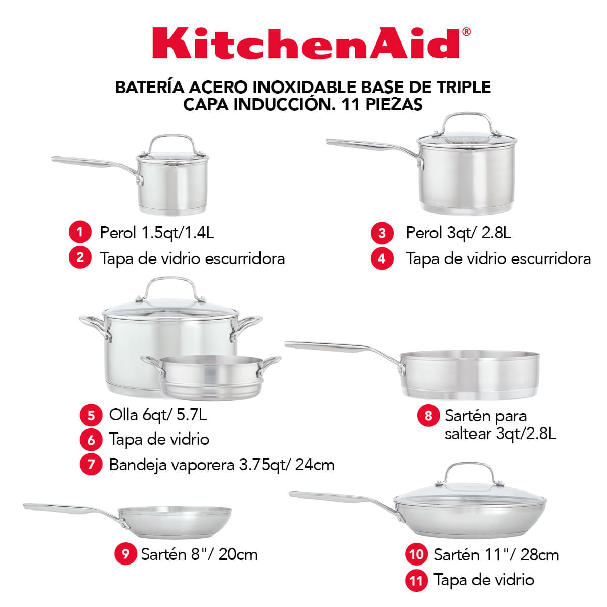 Juego de Ollas 11Pzs, acero inoxidable, placa de inducción, KitchenAid. img #5