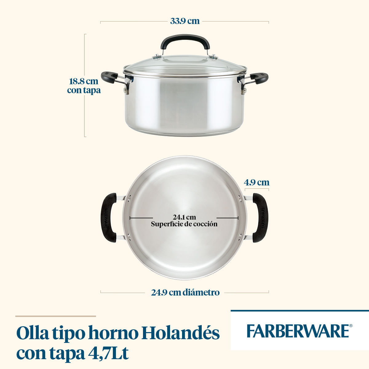 Olla 24cm, acero inoxidable con tapa de vidrio templado. Farberware img #6