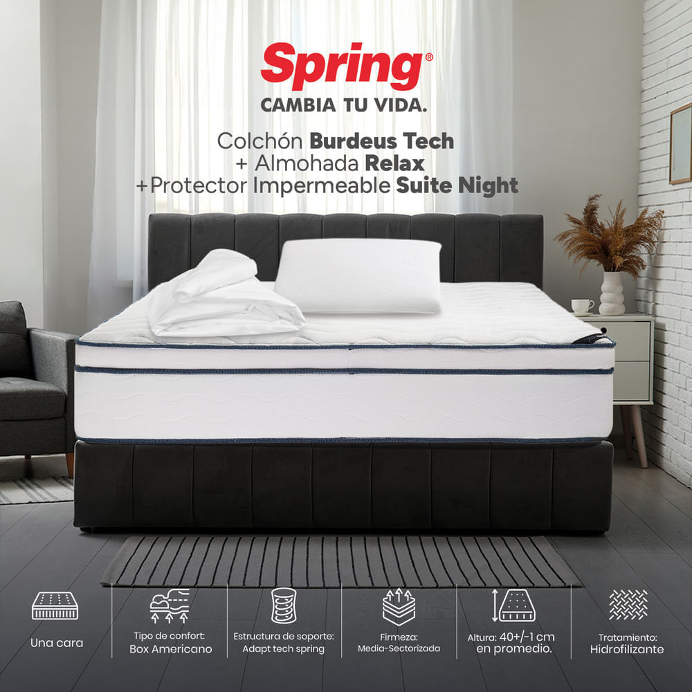 Colchón Spring Burdeos Tech 120 x 190 + Almohadas y Protector img #1
