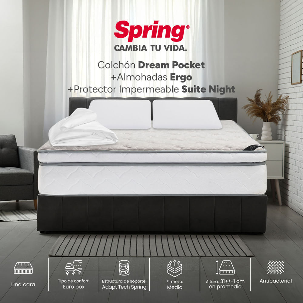 Colchón Spring Dream Poket 200 x 200 + Almohadas y Protector img #1