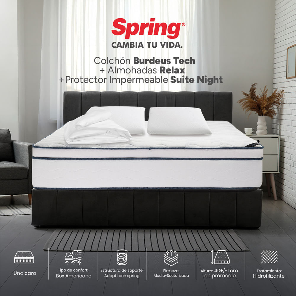 Colchón Spring Burdeos Tech 160 x 190 + Almohadas y Protector img #1