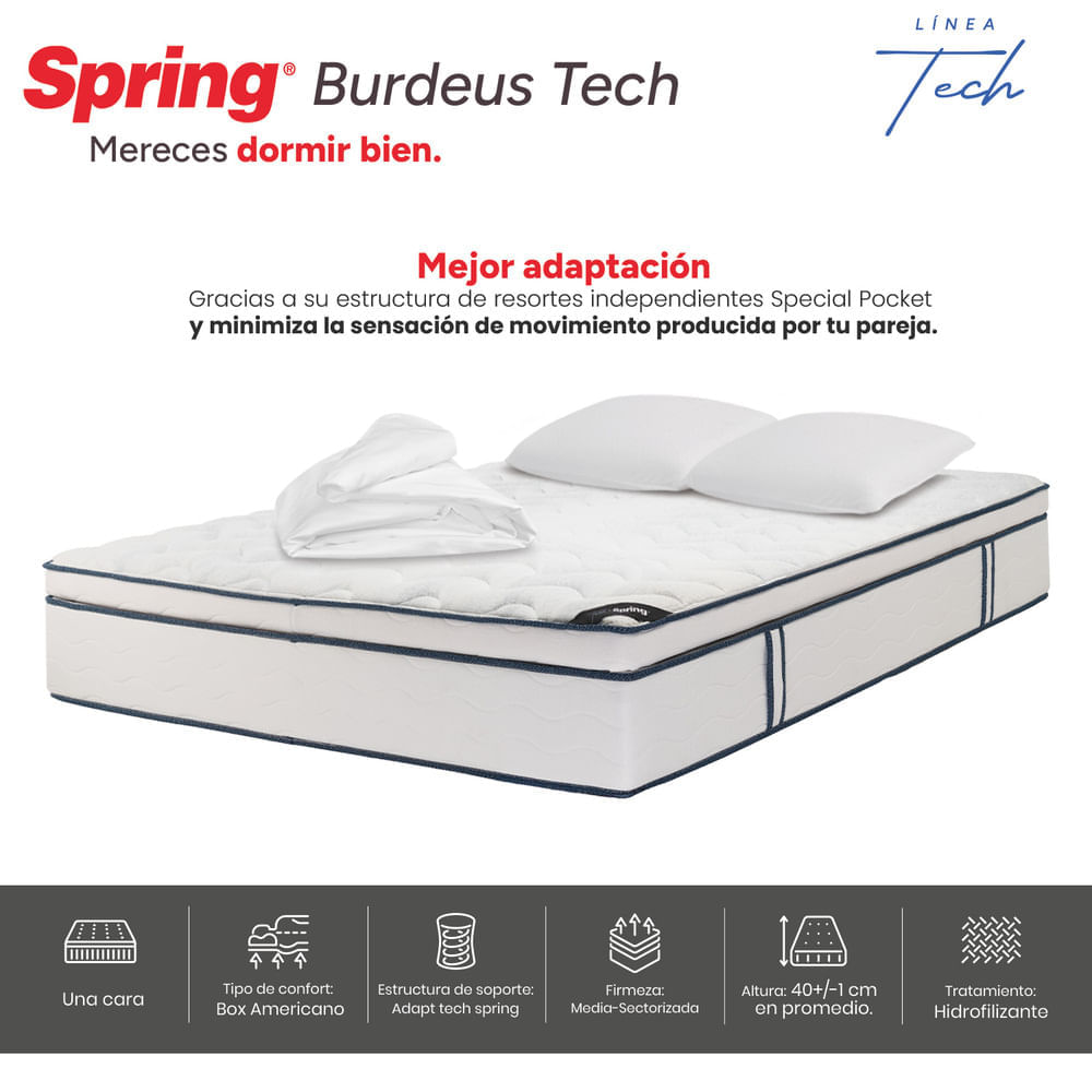 Colchón Spring Burdeos Tech 140 x 190 + Almohadas y Protector img #3