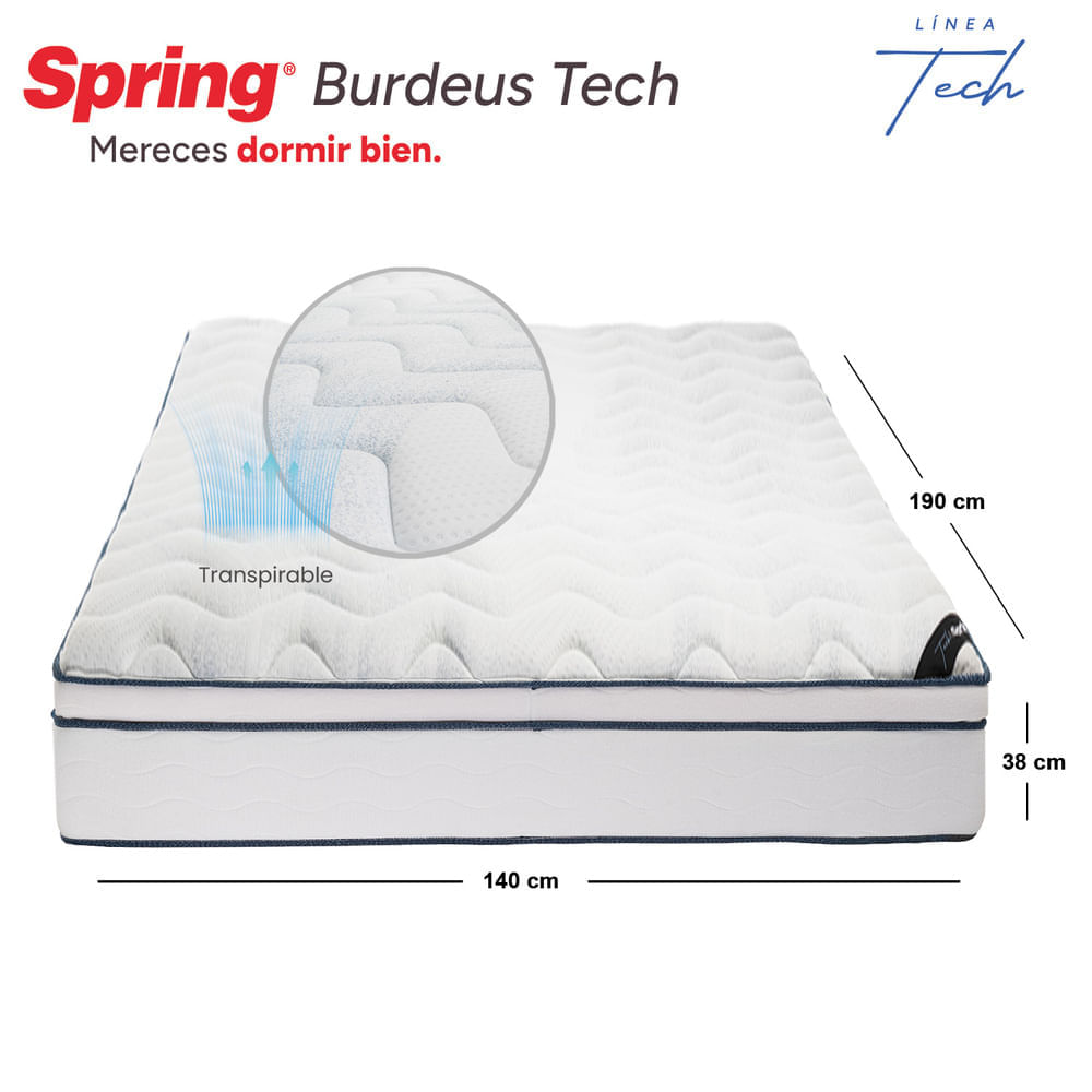Colchón Spring Burdeos Tech 140 x 190 + Almohadas y Protector img #5