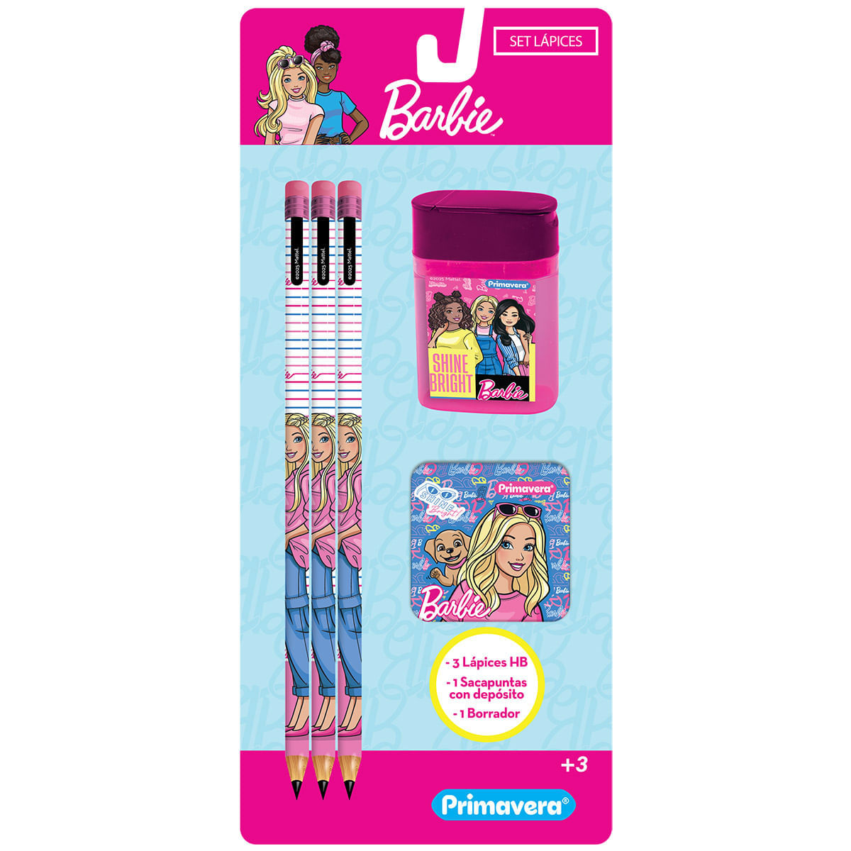 Set 3 Lápices - Borrador - Sacapuntas Barbie Shine Bright img #1