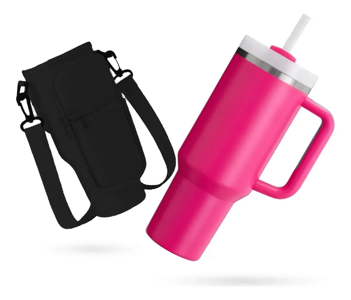 Termo Acero Inoxidable 40oz Con Funda Bolso Porta Termo Correa Ajustable Compartimentos Black Pink img #1