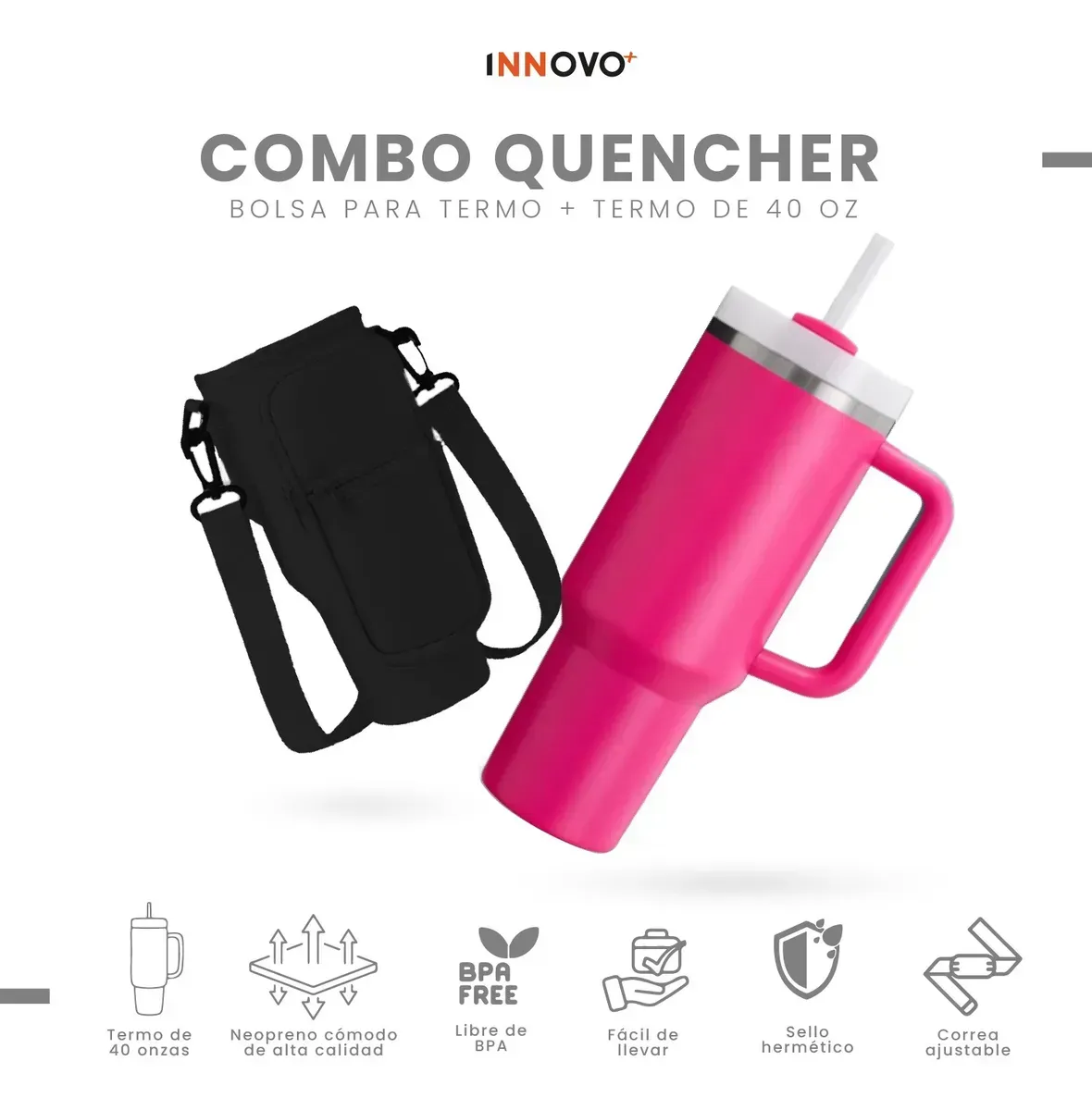 Termo Acero Inoxidable 40oz Con Funda Bolso Porta Termo Correa Ajustable Compartimentos Black Pink img #4