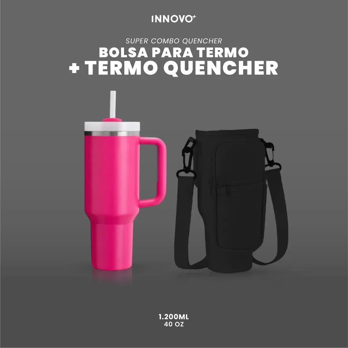 Termo Acero Inoxidable 40oz Con Funda Bolso Porta Termo Correa Ajustable Compartimentos Black Pink img #2