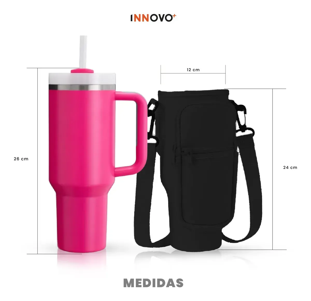 Termo Acero Inoxidable 40oz Con Funda Bolso Porta Termo Correa Ajustable Compartimentos Black Pink img #3