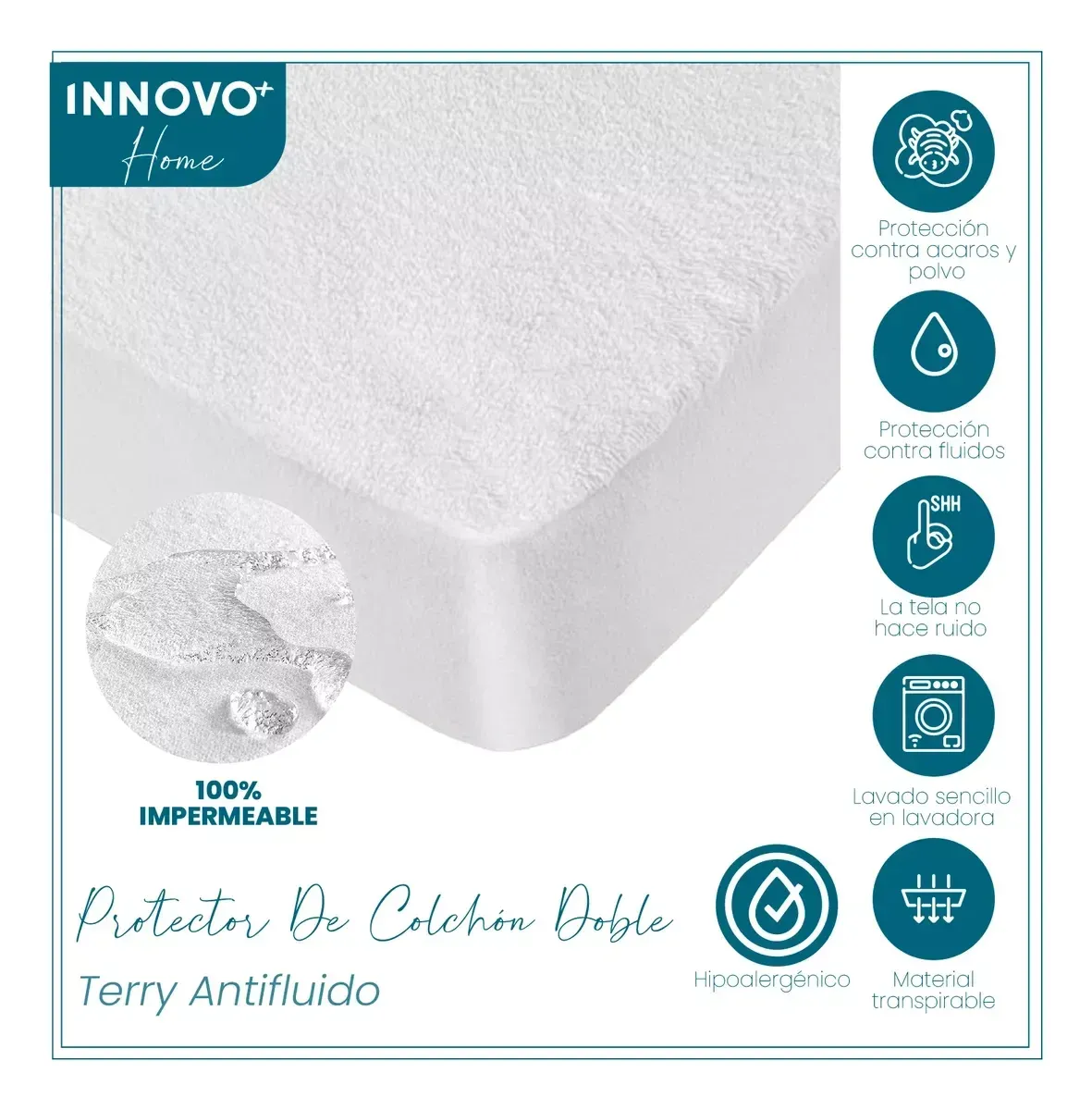 Protector De Colchón Antifluido Para Cama Doble Terry Home img #4