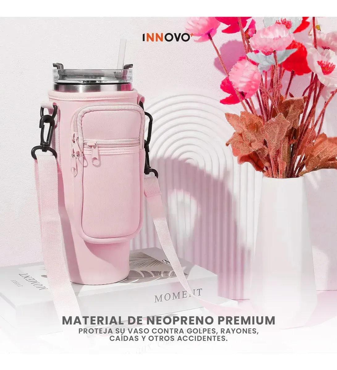 Termo Acero Inoxidable 40oz Con Funda Bolso Porta Termo Correa Ajustable Compartimentos Beige Rosa img #7