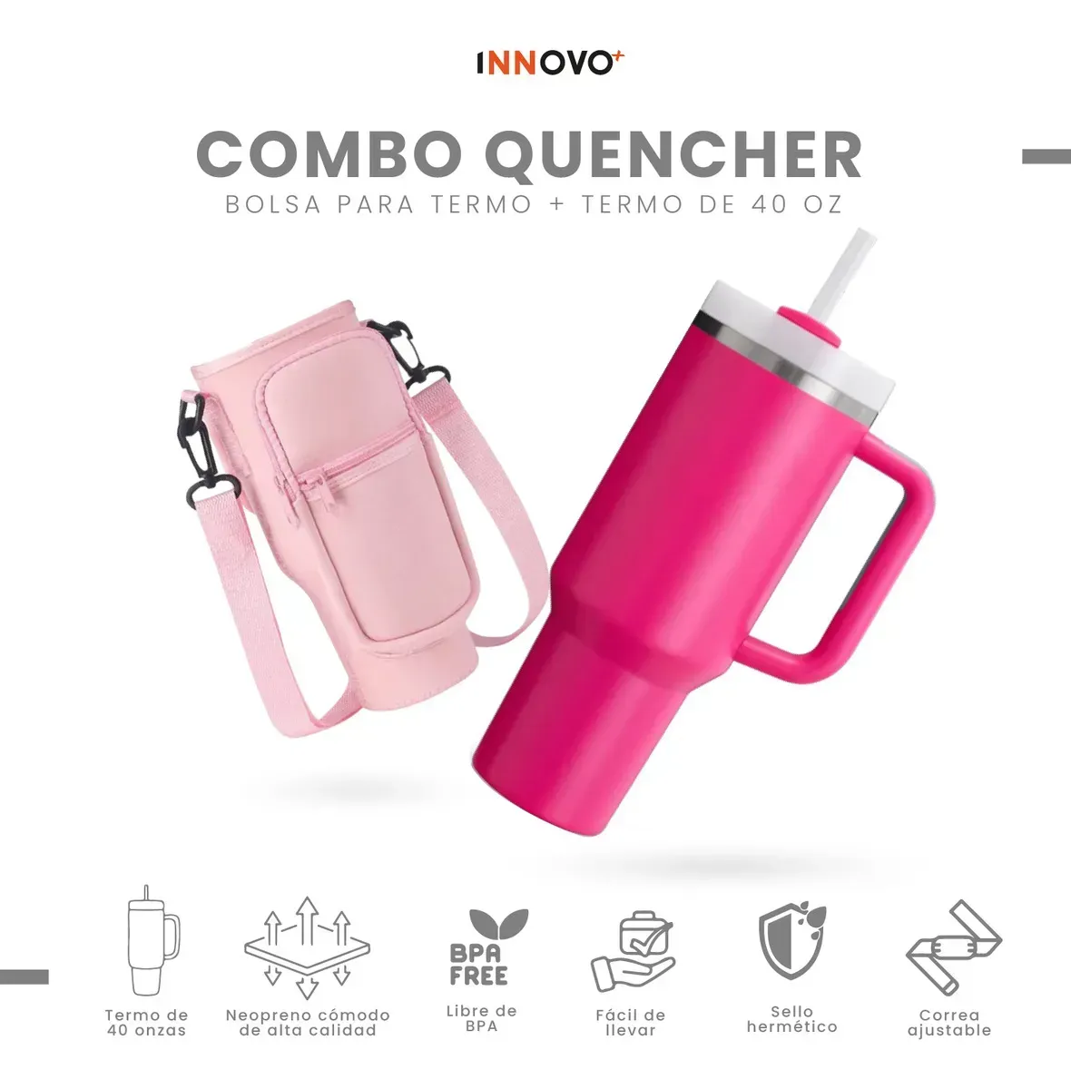 Termo Acero Inoxidable 40oz Con Funda Bolso Porta Termo Correa Ajustable Compartimentos Beige Rosa img #4