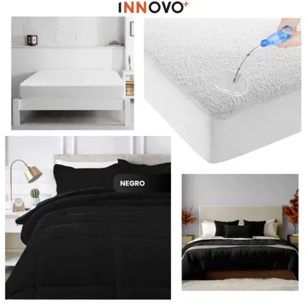 Combo Cubrelecho Térmico Doble Funda Ovejero Negro + Protector De Colchón Antifluido img #1