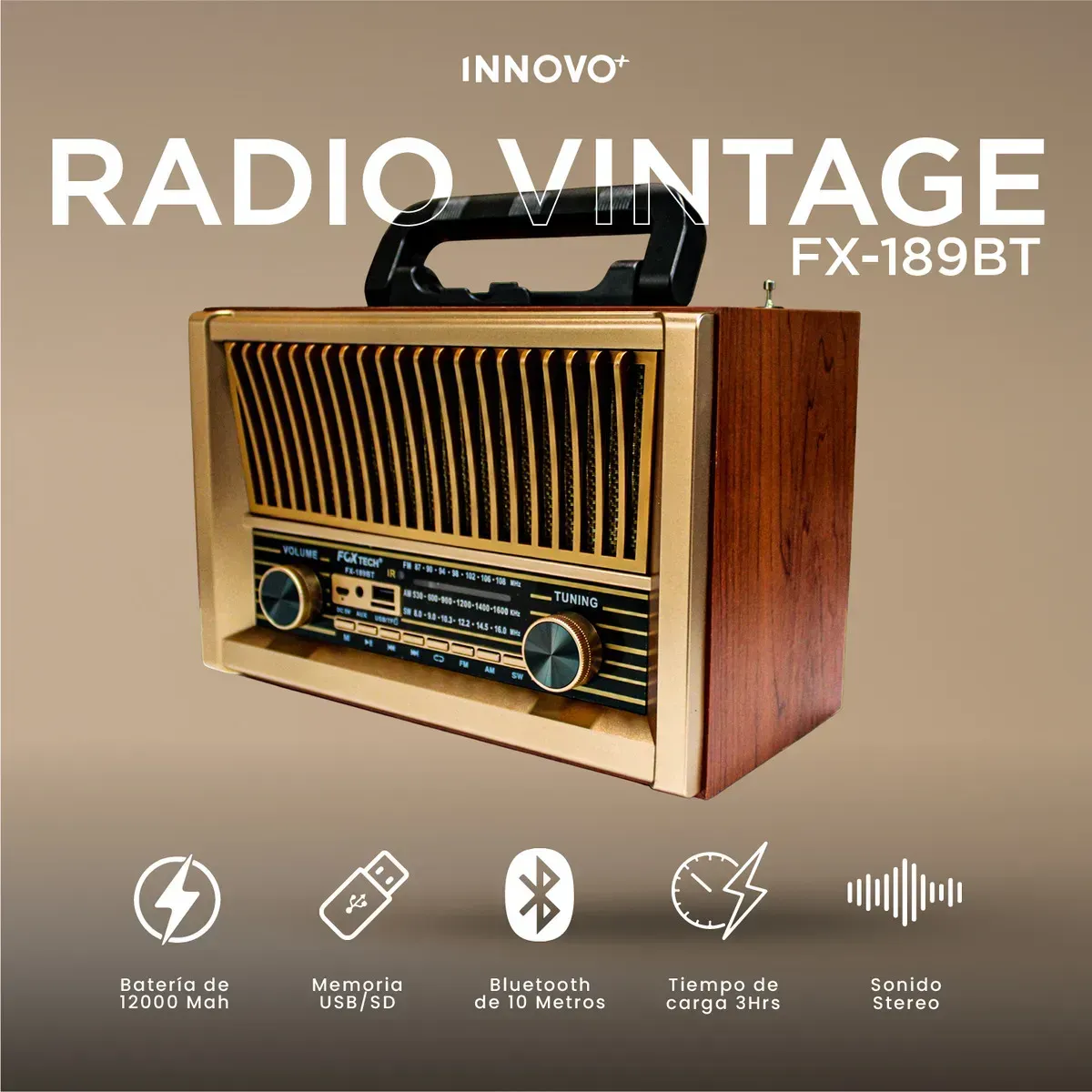 Radio Vintage Bluetooth Recargable Fx Parlante Retro Con Control Usb Sd Fm Am img #2
