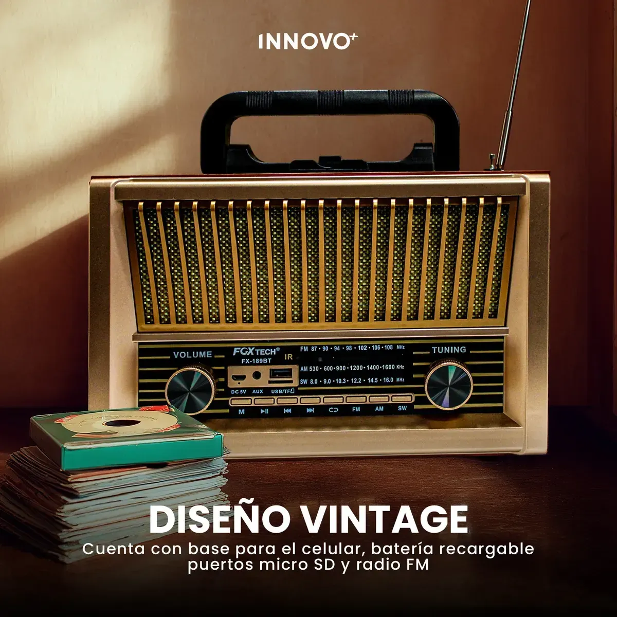 Radio Vintage Bluetooth Recargable Fx Parlante Retro Con Control Usb Sd Fm Am img #3