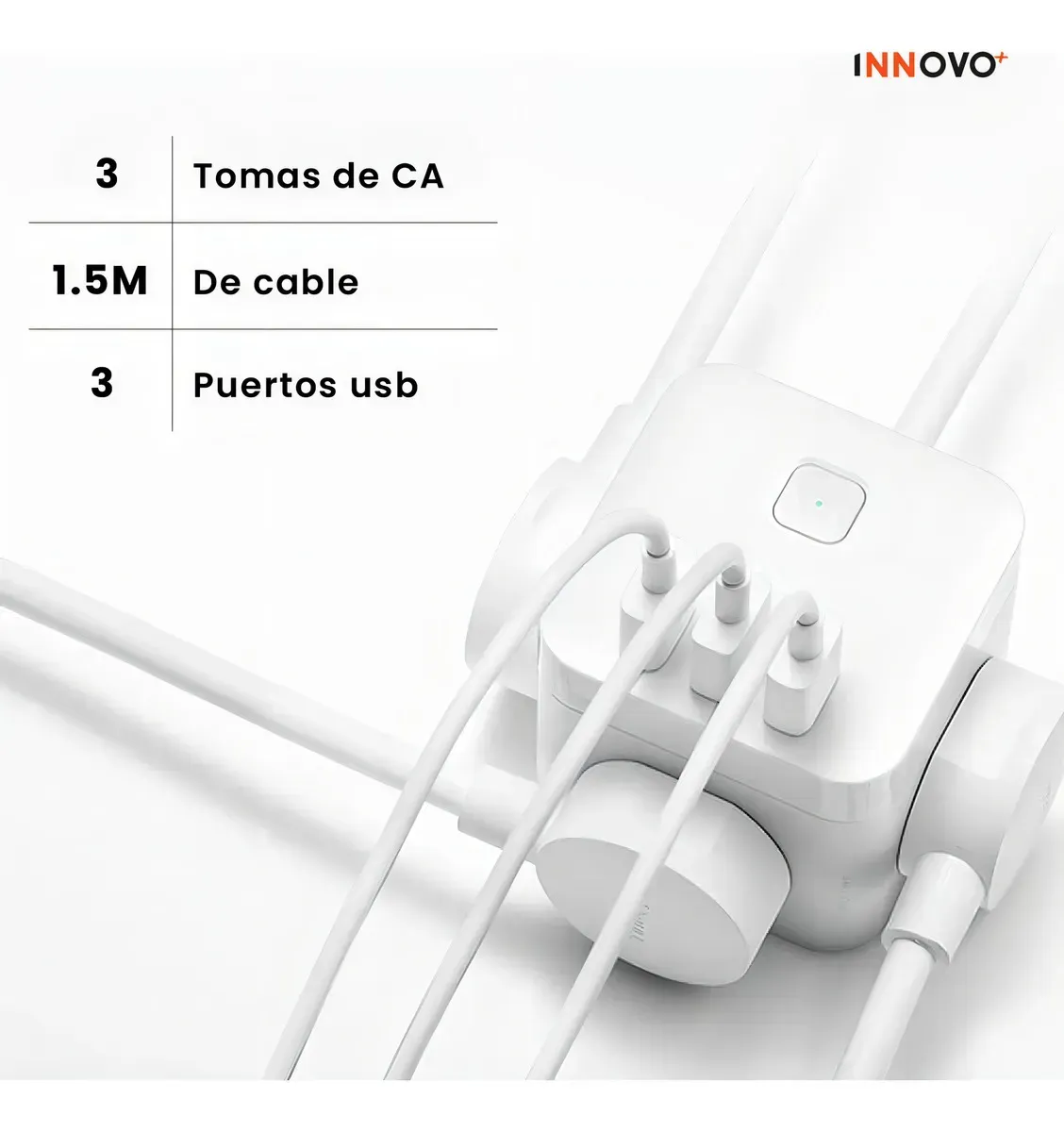 Multitoma Enchufe Inteligente 3 Tomas 3 Puertos USB Cable De 1.5m / 1875w Innovo img #3