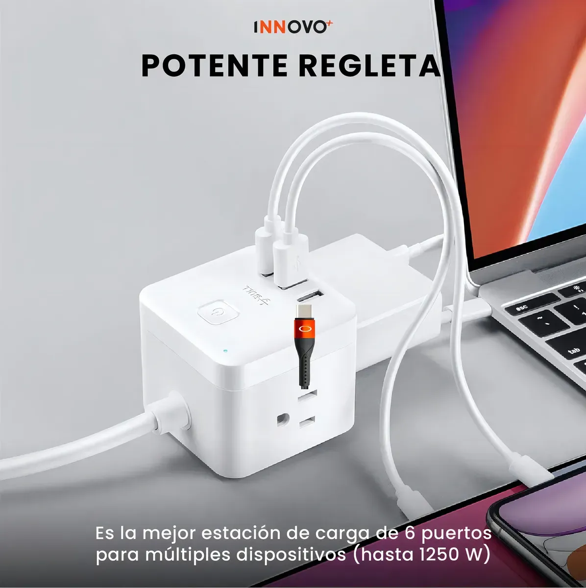 Multitoma Enchufe Inteligente 3 Tomas 3 Puertos USB Cable De 1.5m / 1875w Innovo img #5