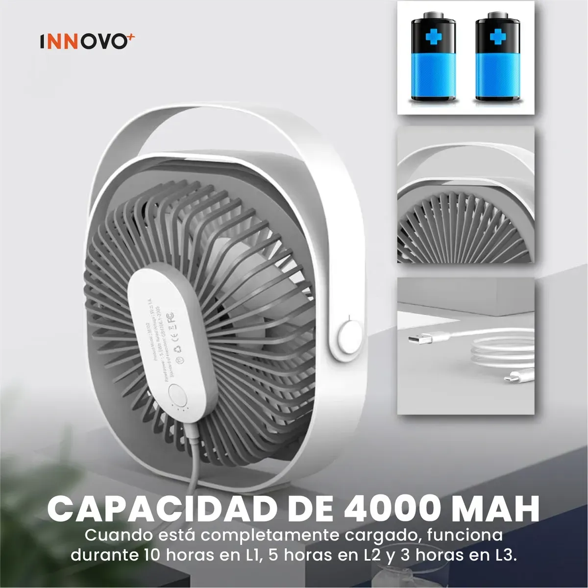 Ventilador De Mesa Portátil Recargable Usb 4000mah G-tide Blanco Blanco img #3