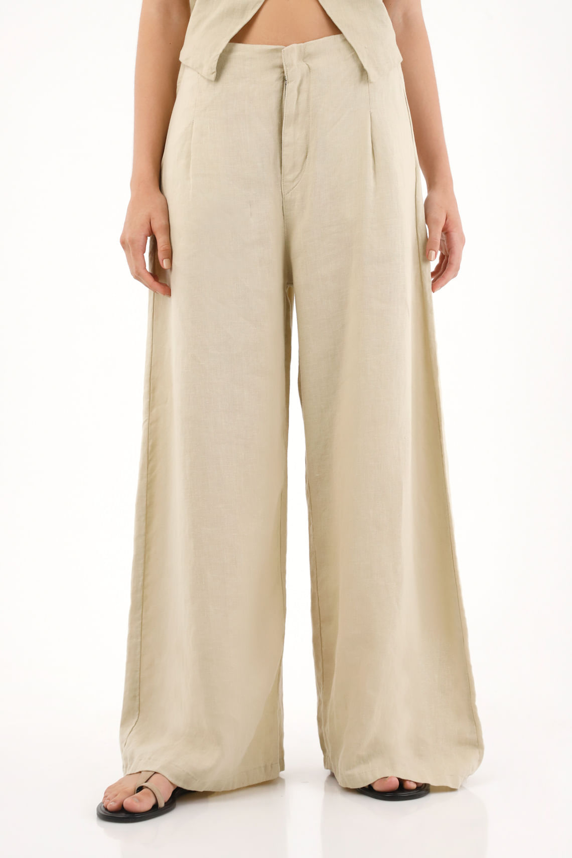 Pantalón Wide Leg en 100% lino café para mujer