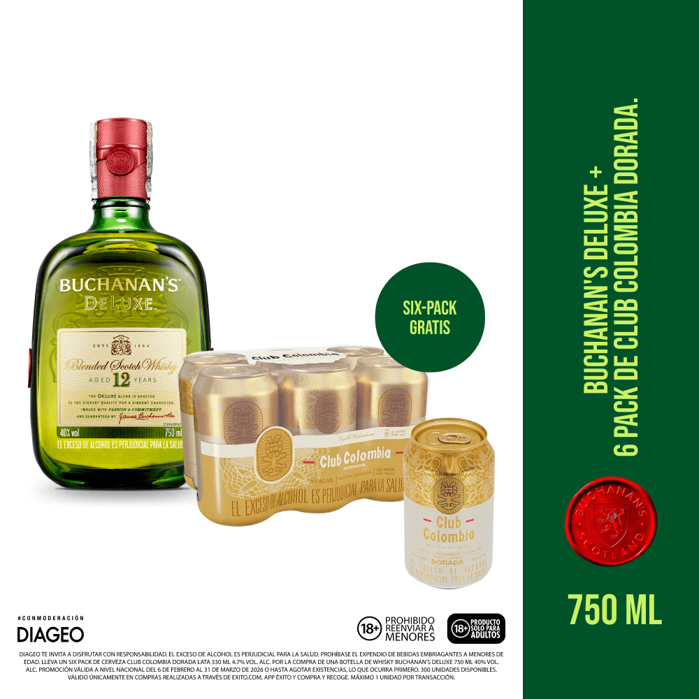 Buchanan's Deluxe 750 ml + Gratis Six Pack Club Colombia Dorada Lata 330 ml img #1