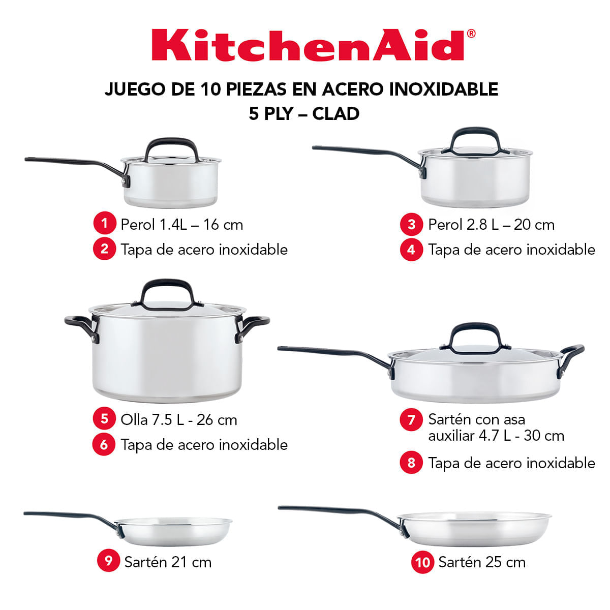 Juego de Ollas 10 pzs. Acero Inoxidable 5 capas Clad. Inducción. KitchenAid img #9