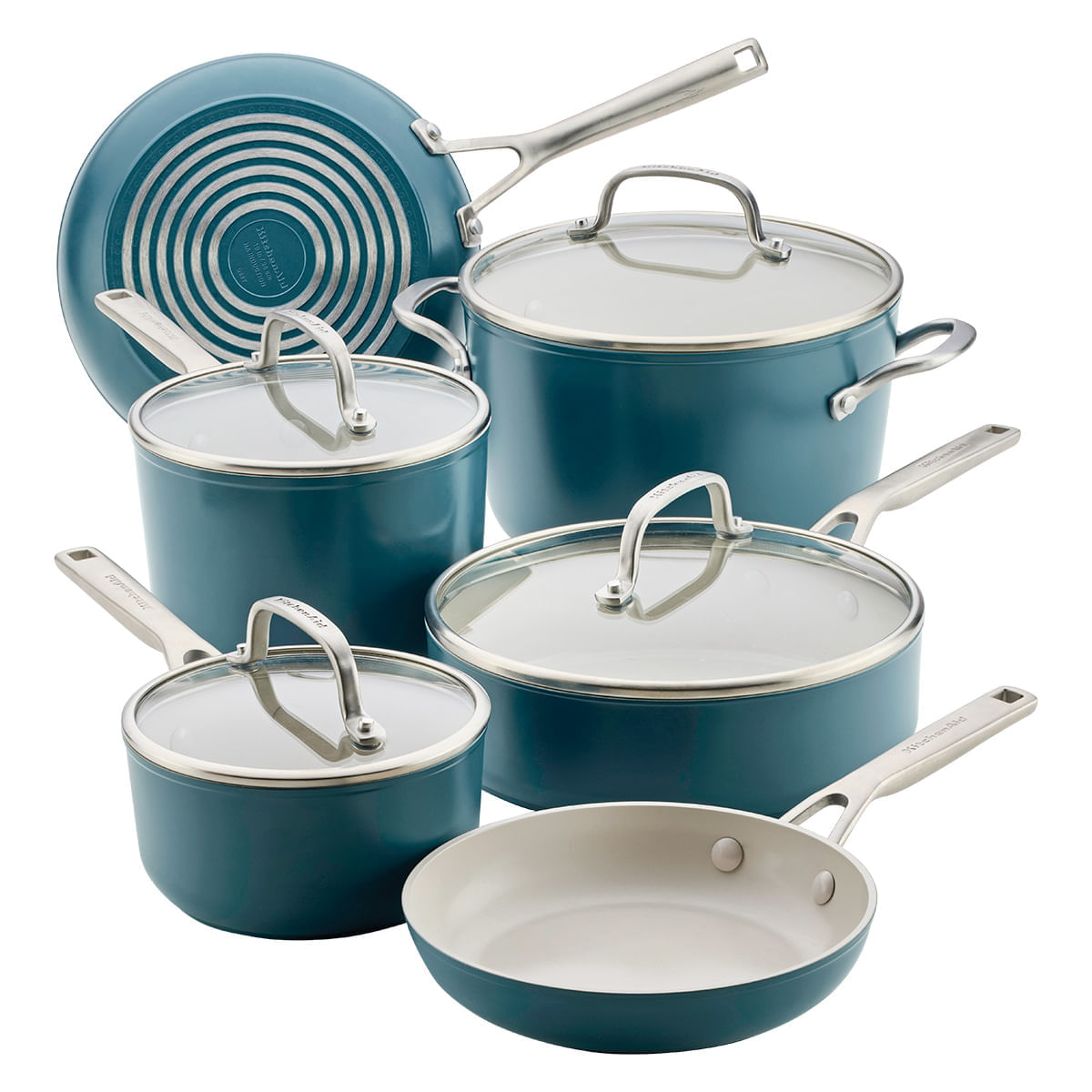 Juego de Ollas 10 pzs, Anodizado Duro, antiadh cerámico. Inducción, color Agave. KitchenAid img #1