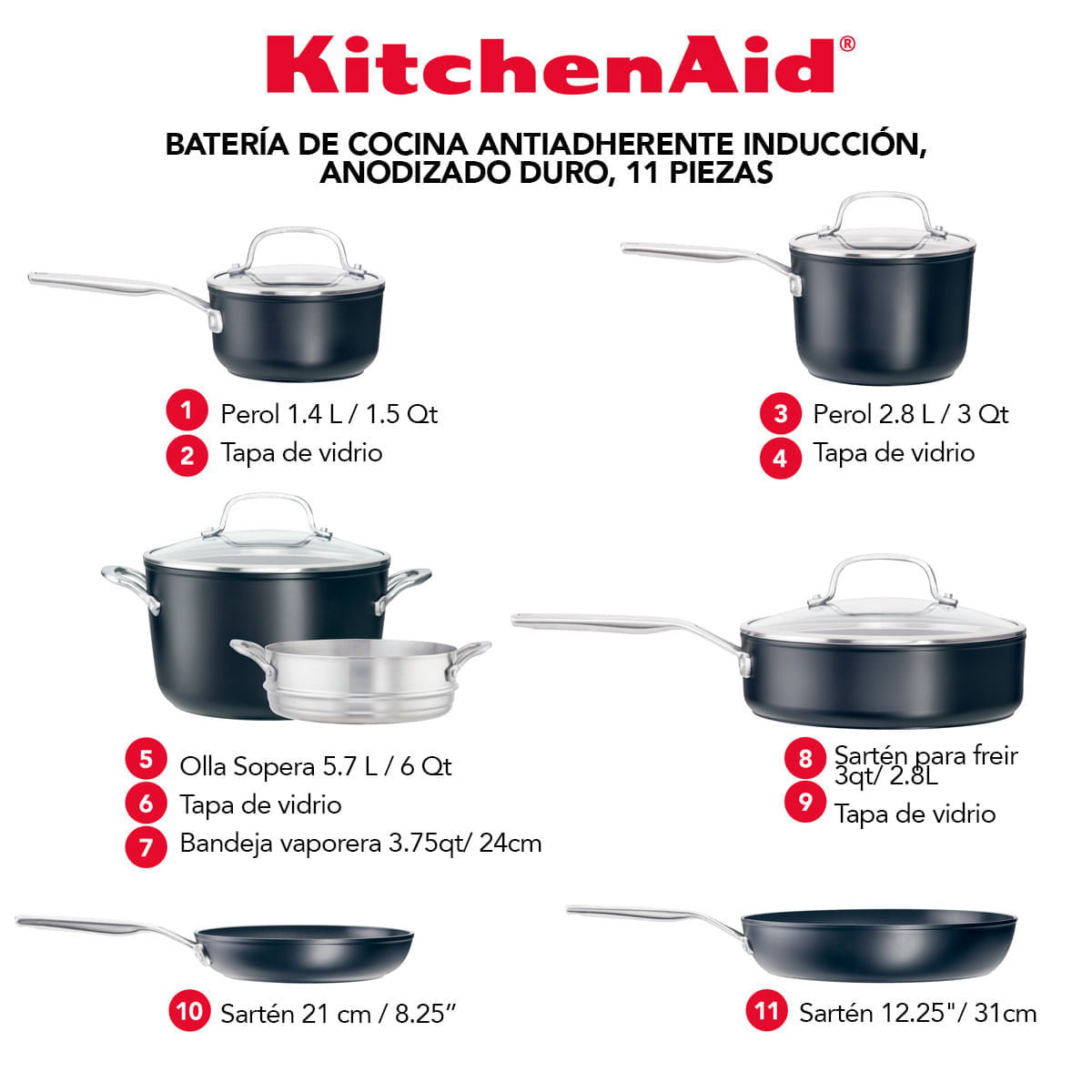 Juego de Ollas 11Pzs, anodizado duro antiadherente, Negro, KitchenAid. img #3