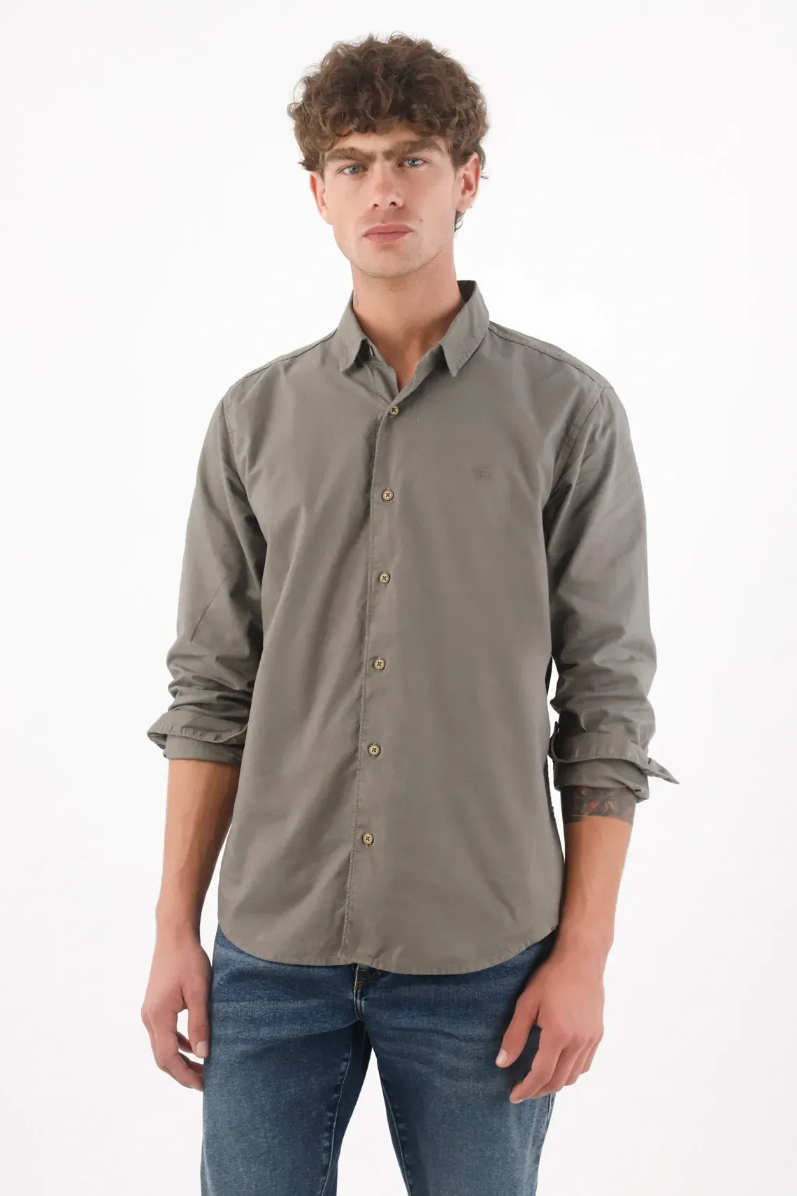 Camisa para hombre de algodón verde oliva regular fit con botones en contraste M
