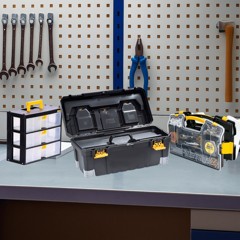Combo Organizador, 1 Caja de Herramientas de 23 Pulgas, 1 Caja Organizadora Modular gavetas, 1 Caja organizadora doble plegable img #1