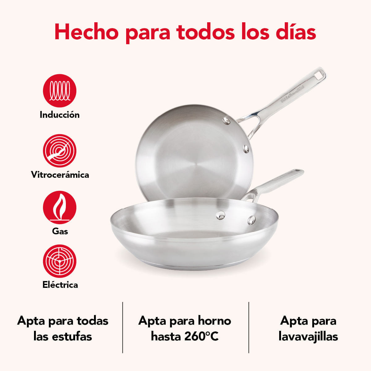 Set Sartenes 20 cm y 24 cm, acero inox 3 capas. Induccion. KitchenAid img #8