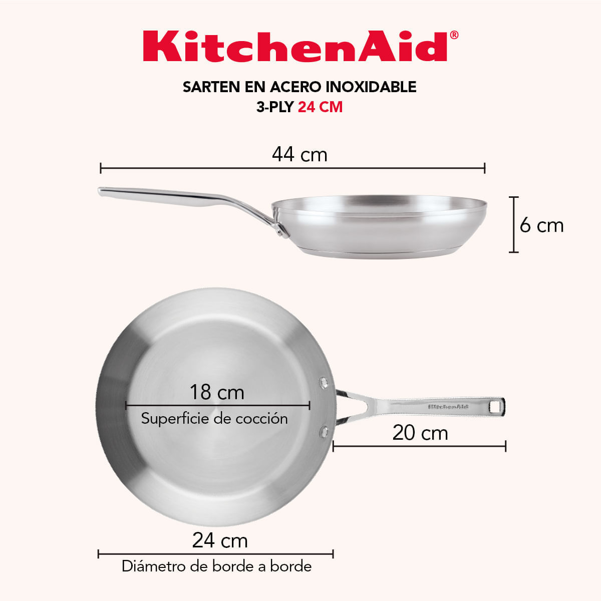Set Sartenes 20 cm y 24 cm, acero inox 3 capas. Induccion. KitchenAid img #7
