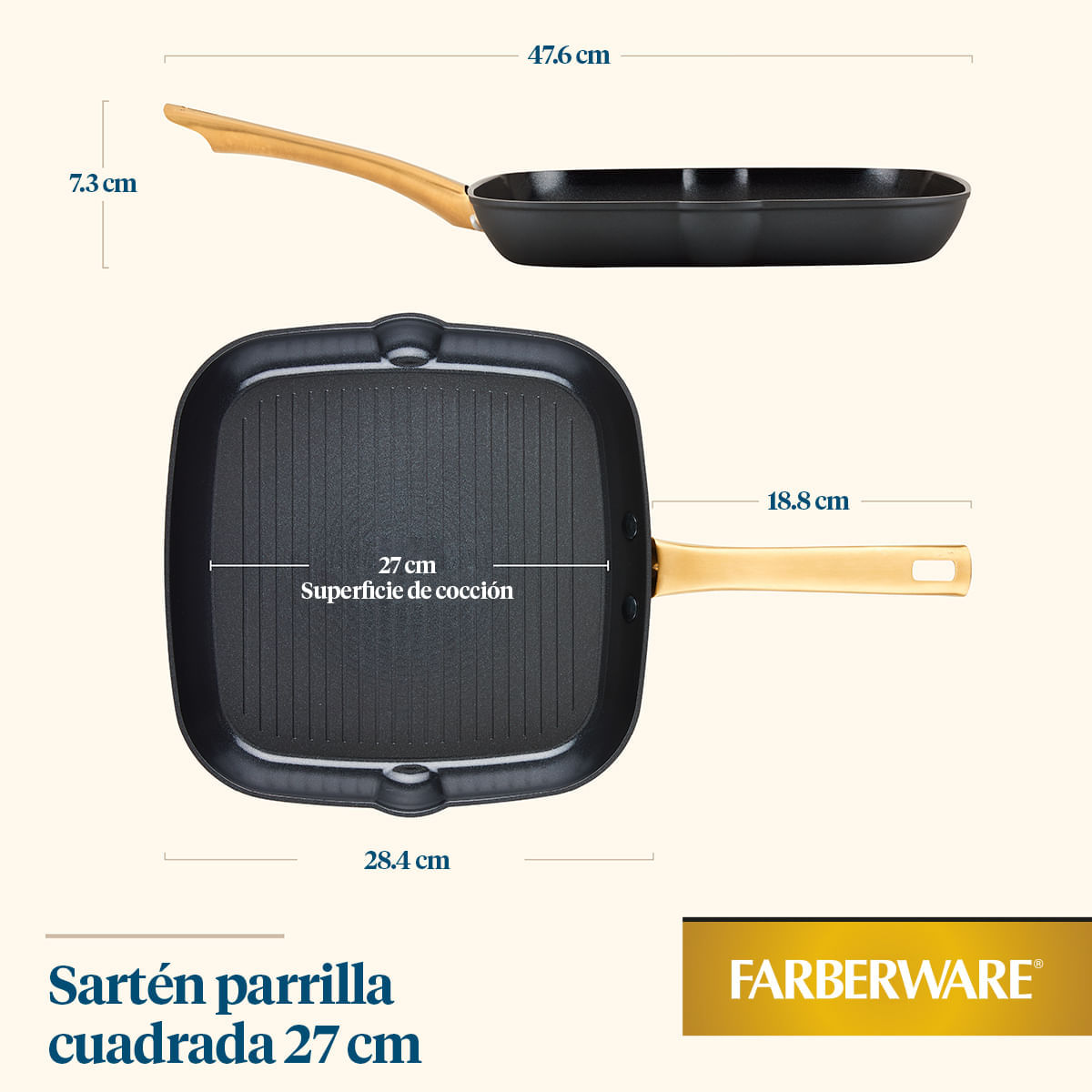 Plancha con Grill 27cm. Forged Induction. Aluminio forjado. Antiadherente Cerámico. Color Negro. Placa de Inducción. Farberware. img #6