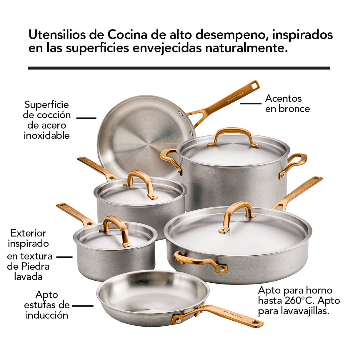 Juego de Ollas 10 pzs, Acero inoxidable 5 capas. StoneWash. KitchenAid img #2