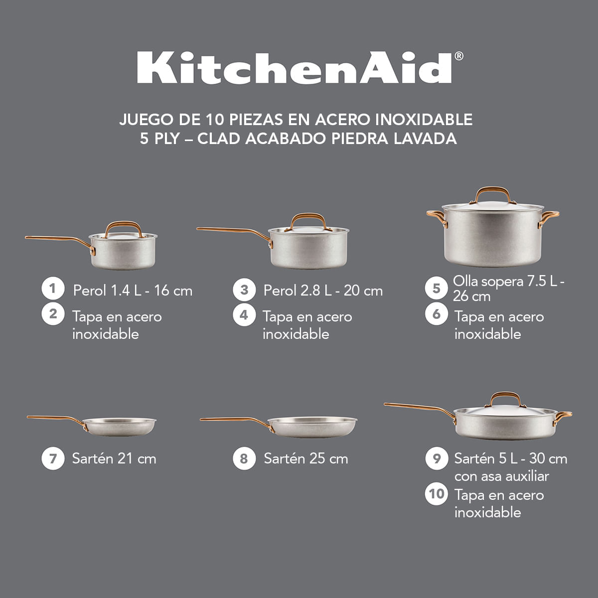 Juego de Ollas 10 pzs, Acero inoxidable 5 capas. StoneWash. KitchenAid img #10