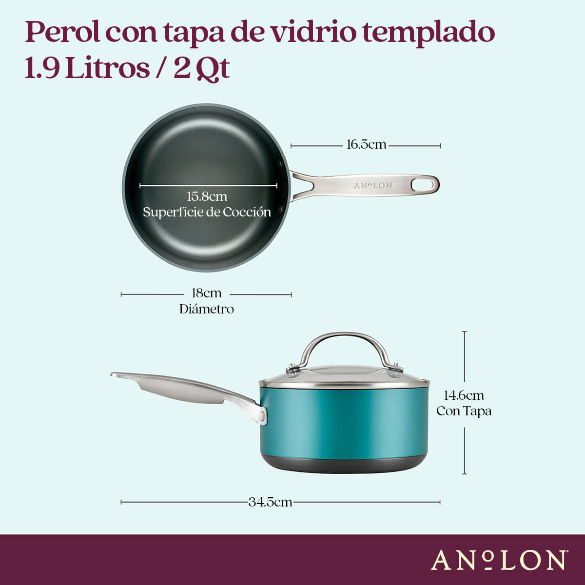 Pero 18cm, tapa de vidrio templado, anodizado duro antiadherente. Azul Teal. Anolon img #4