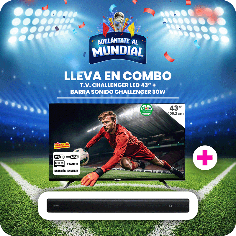 Televisor Challenger 43" Pulgadas 108 cm 43KG90 FHD LED Smart TV Google + Barra de Sonido Challenger 30W SB30Y Negro