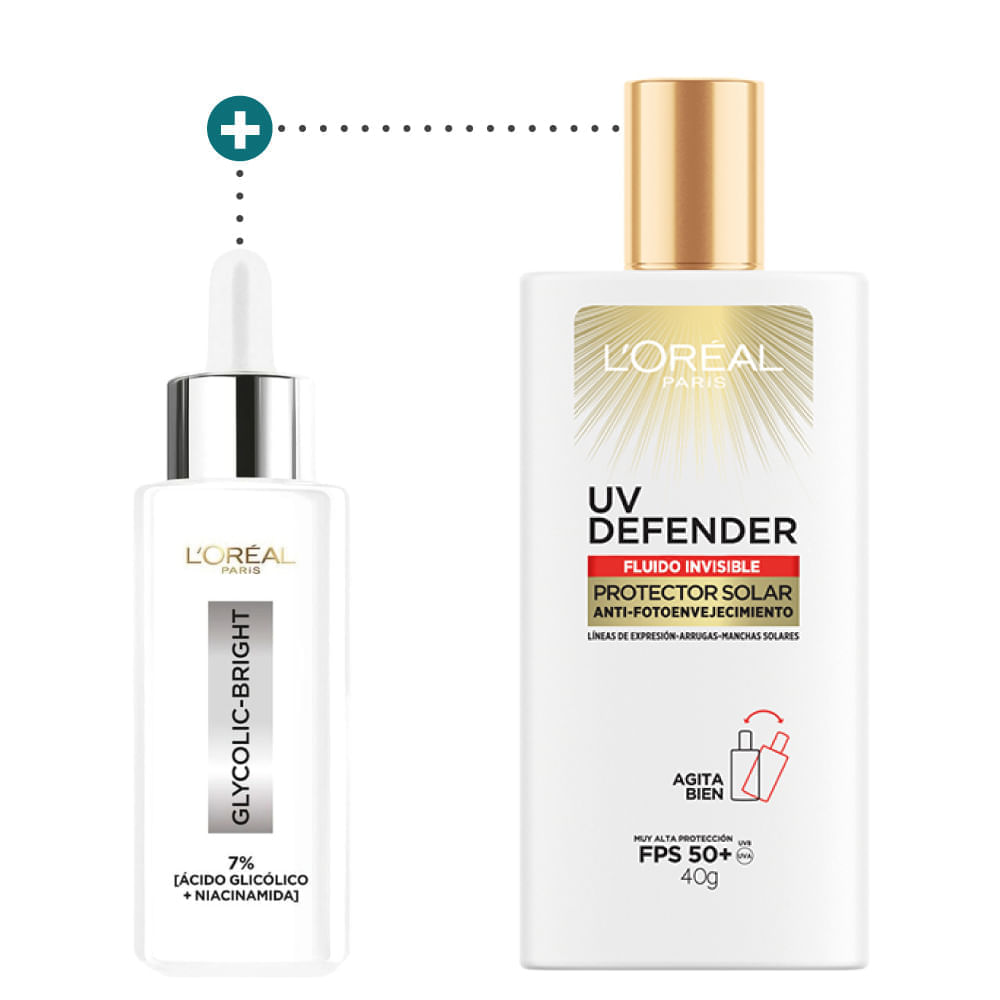 Kit LOreal Paris Serum Rostro Ácido Glicólico + Protector Solar UV Defender Fluid img #1