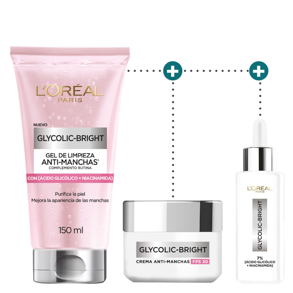 Kit LOreal Paris Ácido Glicólico Serum Rostro + Crema Día + Gel Limpiador img #1