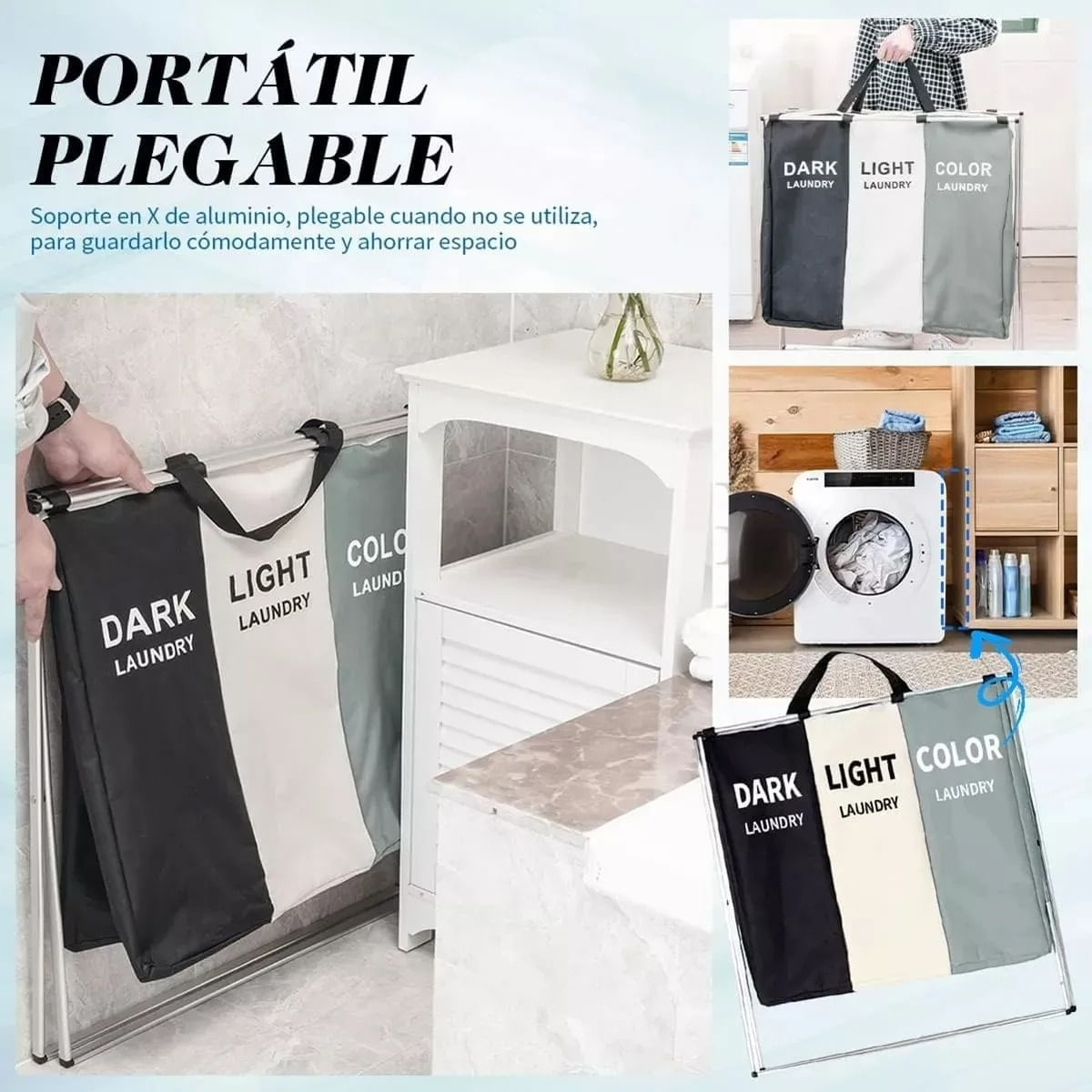 Organizador De Ropa Sucia Cesto de Lavandería Triple Con 3 Divisiones Por Color Gran Capacidad Resistente img #3