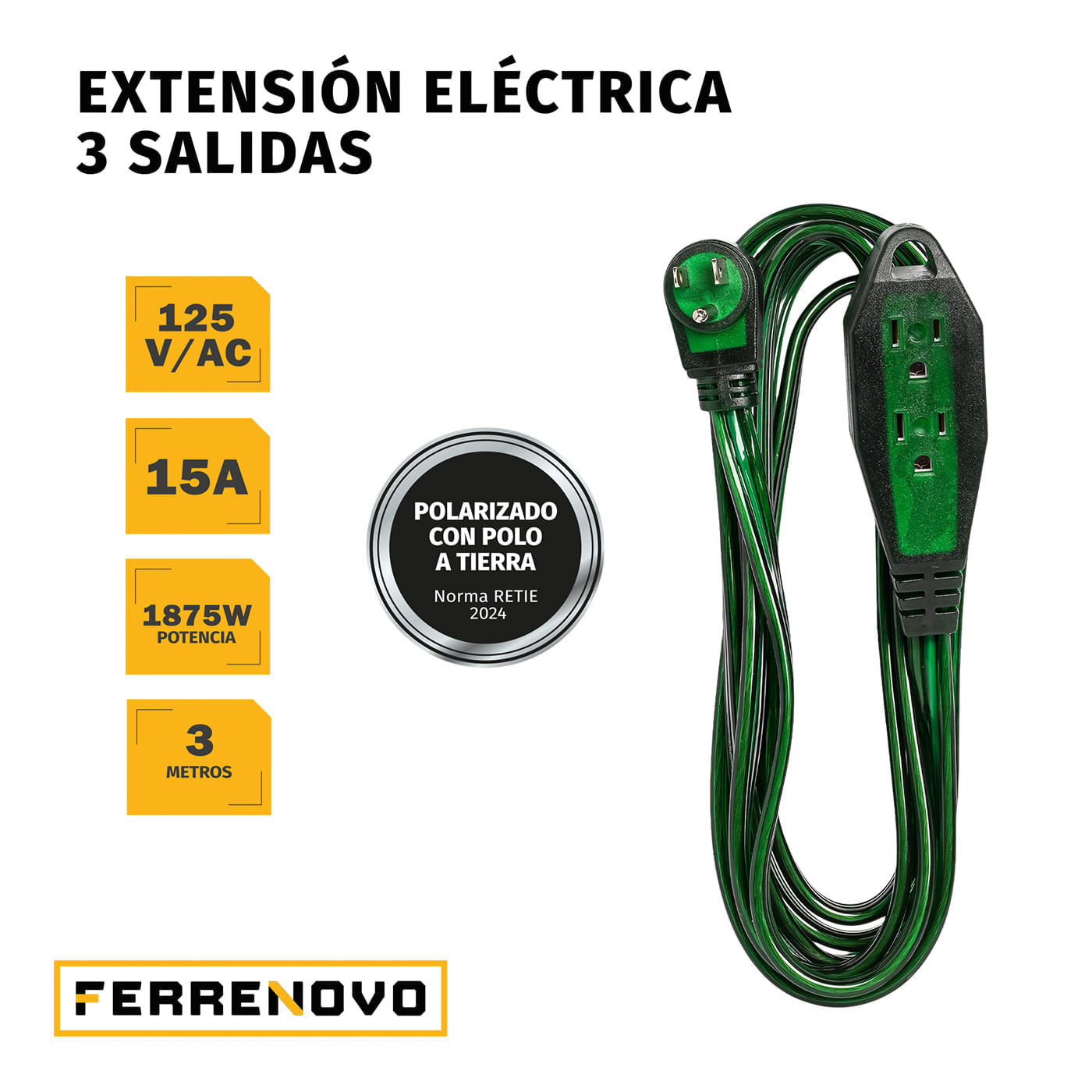 Extensión 3 m 3 Tomas Verde con Polo a Tierra / Polarizada img #5