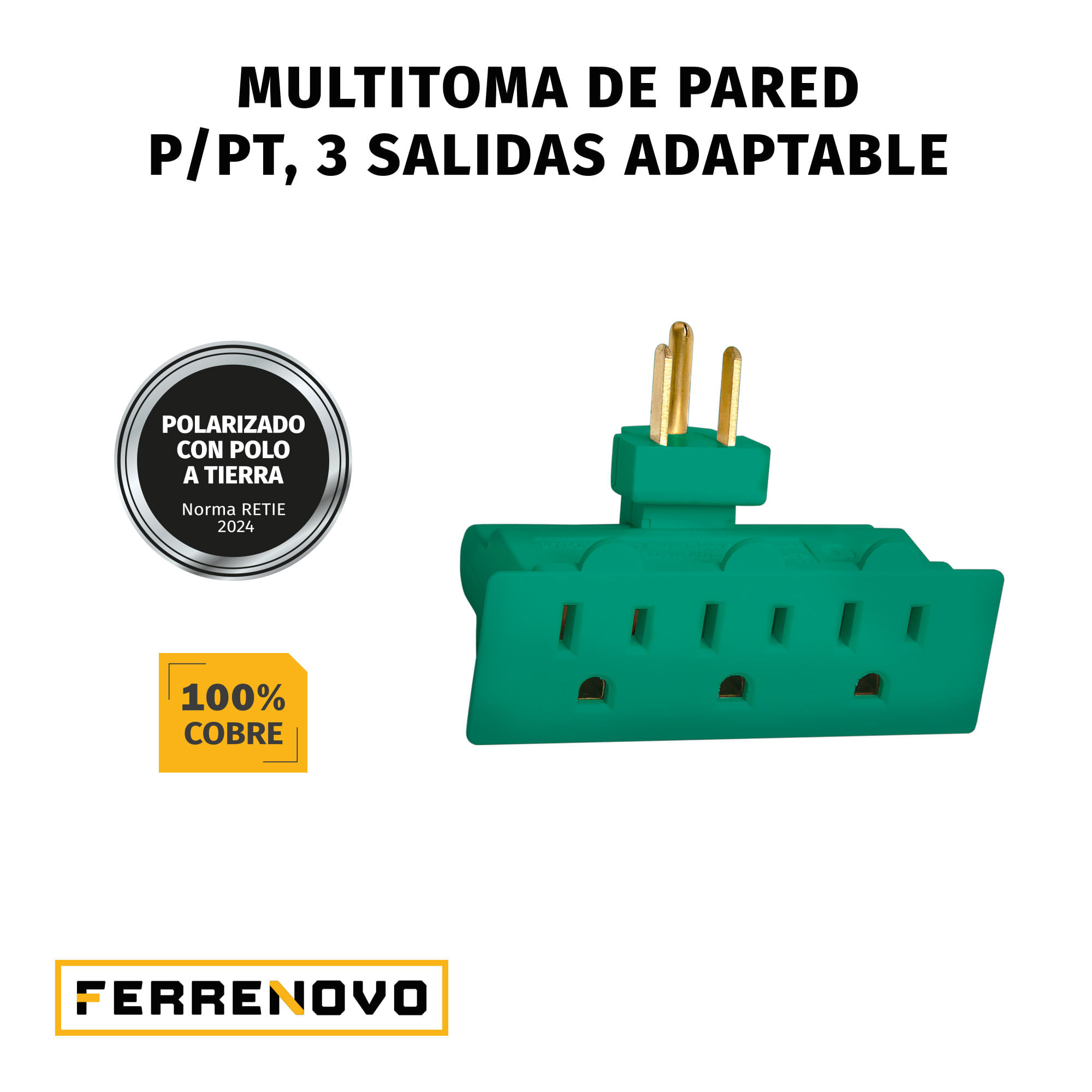 Multitoma Adaptable de Pared Verde 3 Tomas con Polo a Tierra / Polarizada img #3