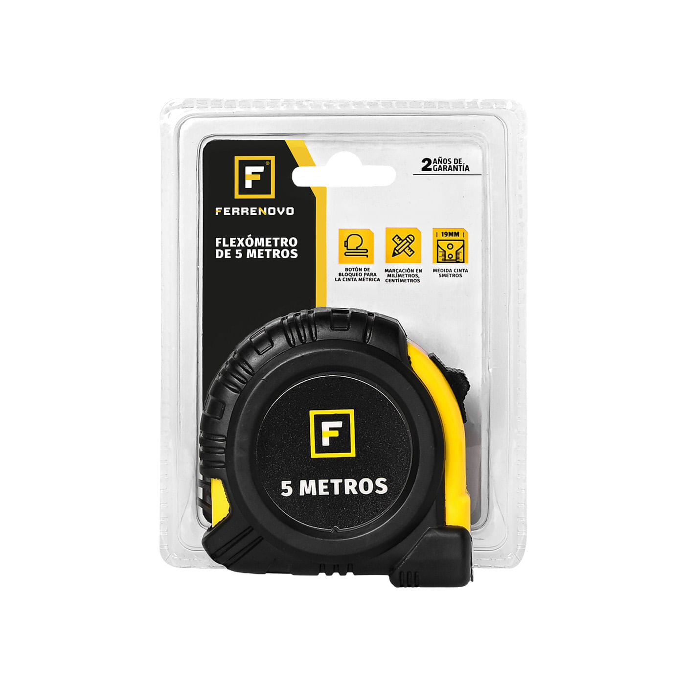Flexómetro 5 Mts x 19 mm Amarillo en Clamshell Ferrenovo img #5