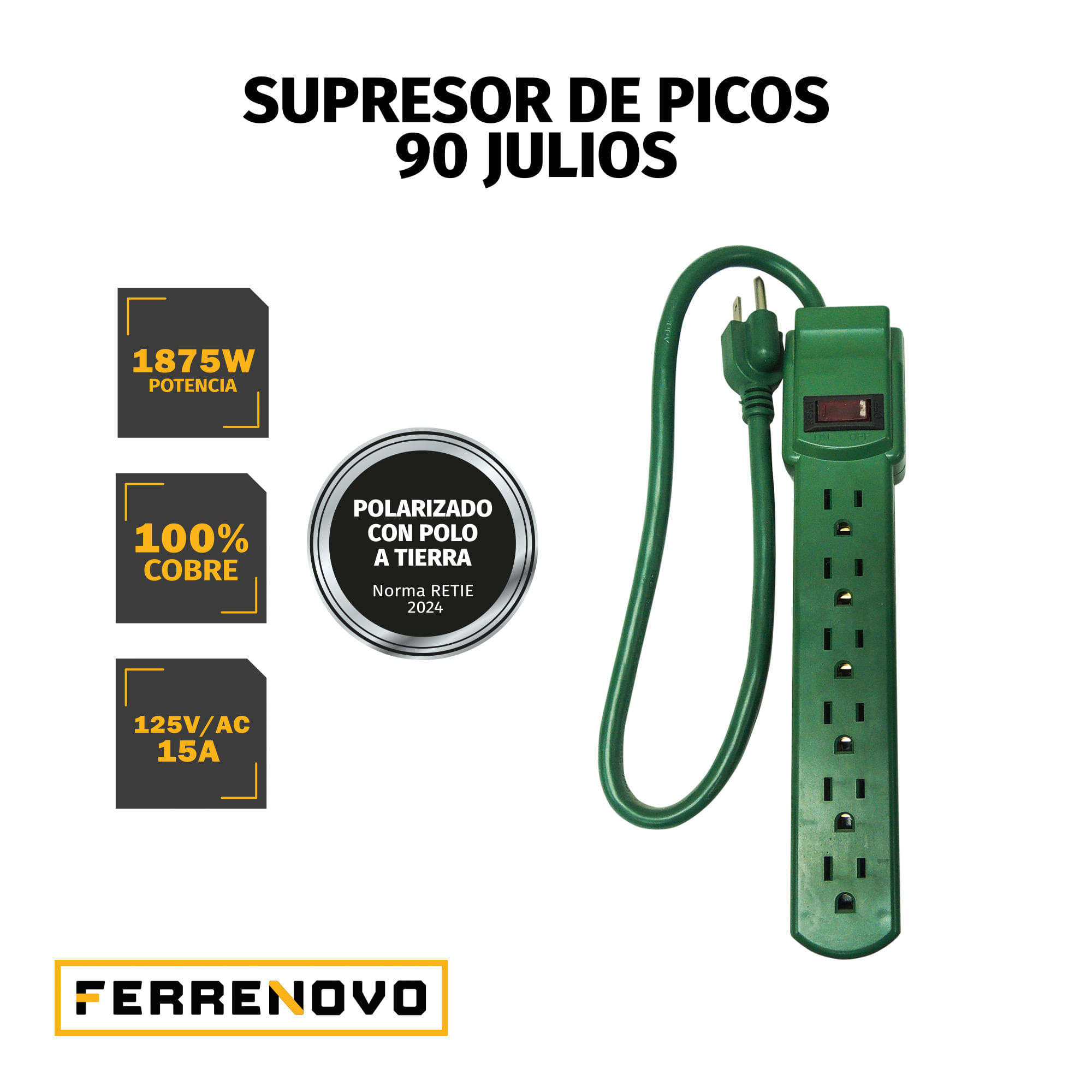 Supresor de Picos Verde 6 Tomas con Polo a Tierra / Polarizada 90 J img #3