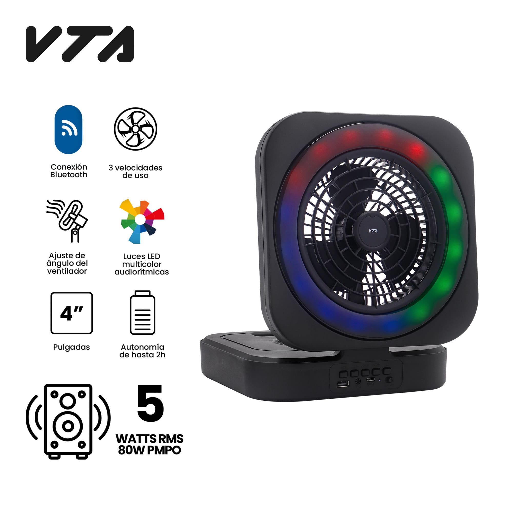 Parlante Con Ventilador VTA 5W Plegable, Bluetooth Y Luces RGB img #6