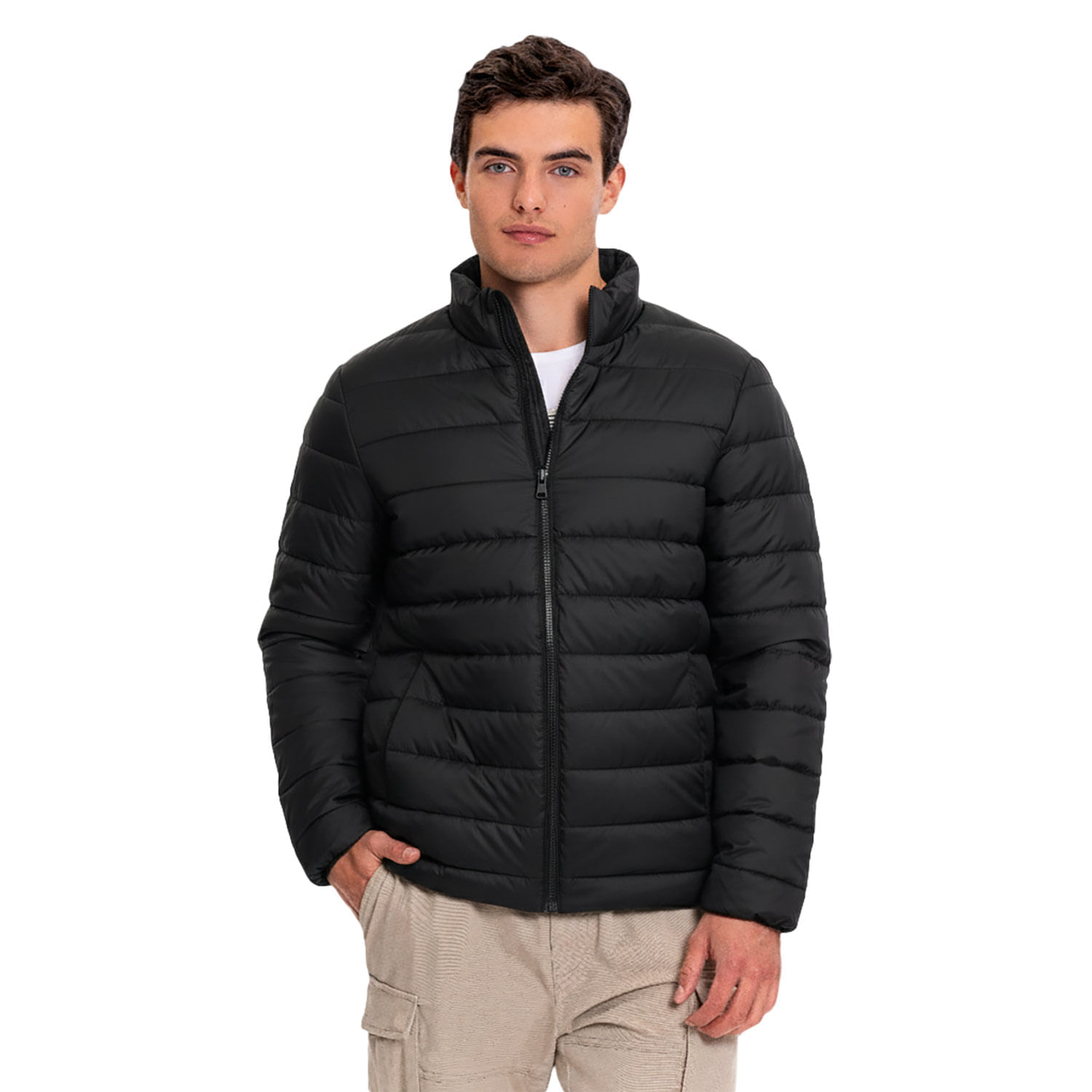 Chaqueta Acolchada Cuello Alto Coloro Negro Para Hombre