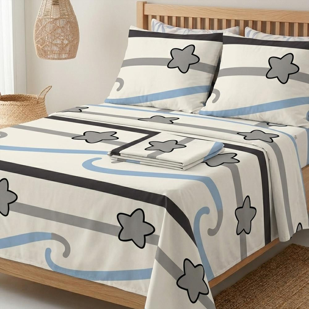 Sabanas Cama Doble Estrellas Gris Blanco img #1
