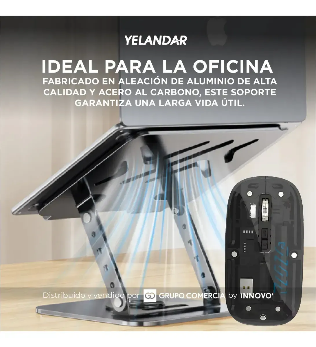 Soporte Laptop Metálico 360° Con Mouse Inalámbrico (bluetooth + 2.4g) Gris Con Negro Gris Con Negro img #3