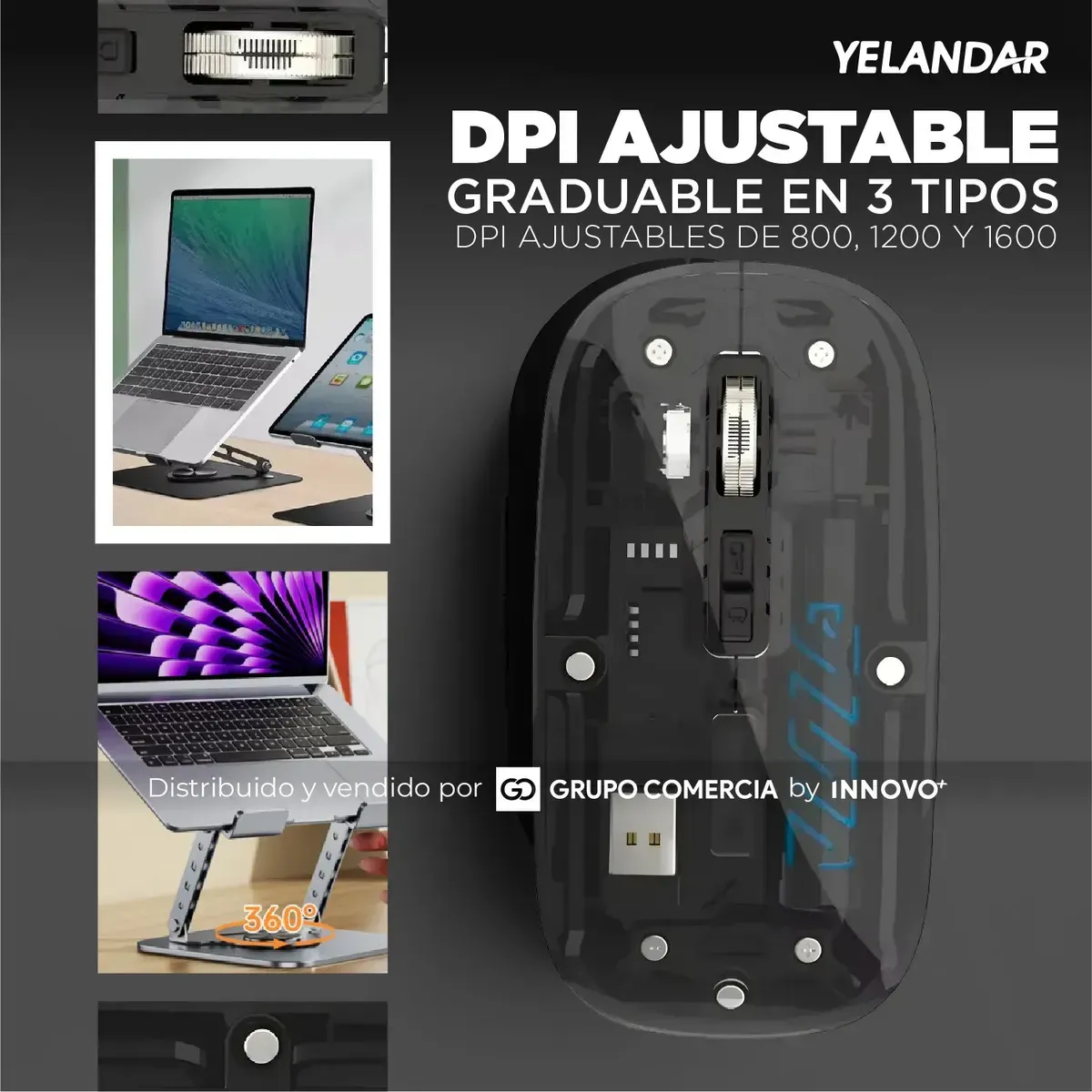 Soporte Laptop Metálico 360° Con Mouse Inalámbrico (bluetooth + 2.4g) Gris Con Negro Gris Con Negro img #5