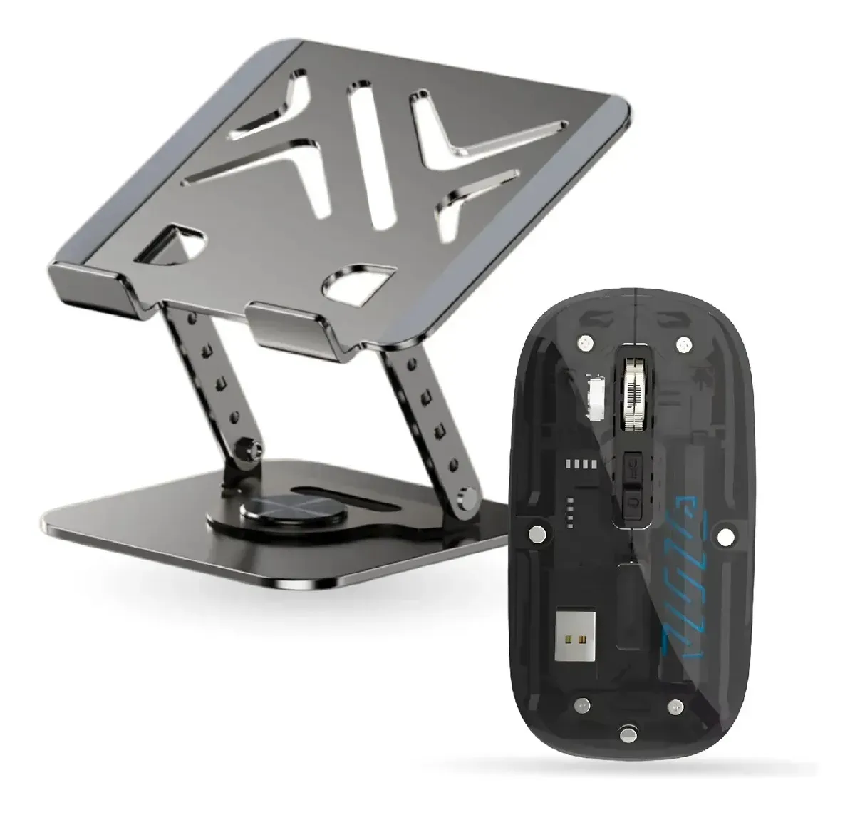 Soporte Laptop Metálico 360° Con Mouse Inalámbrico (bluetooth + 2.4g) Gris Con Negro Gris Con Negro img #1