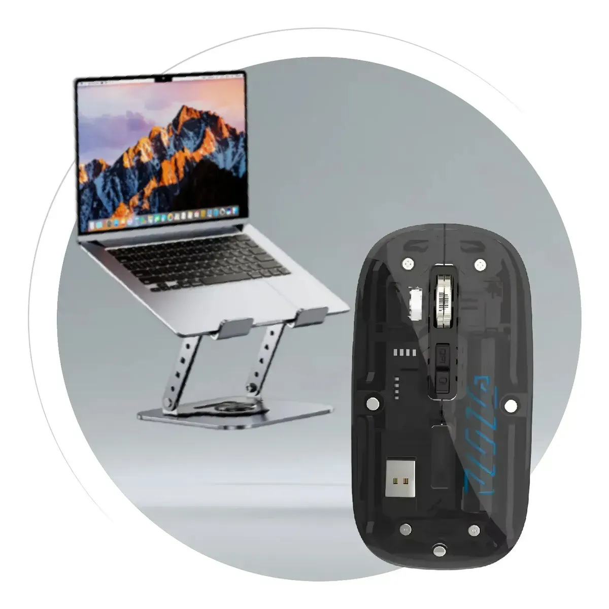 Soporte Laptop Metálico 360° Con Mouse Inalámbrico (bluetooth + 2.4g) Gris Con Negro Gris Con Negro img #7