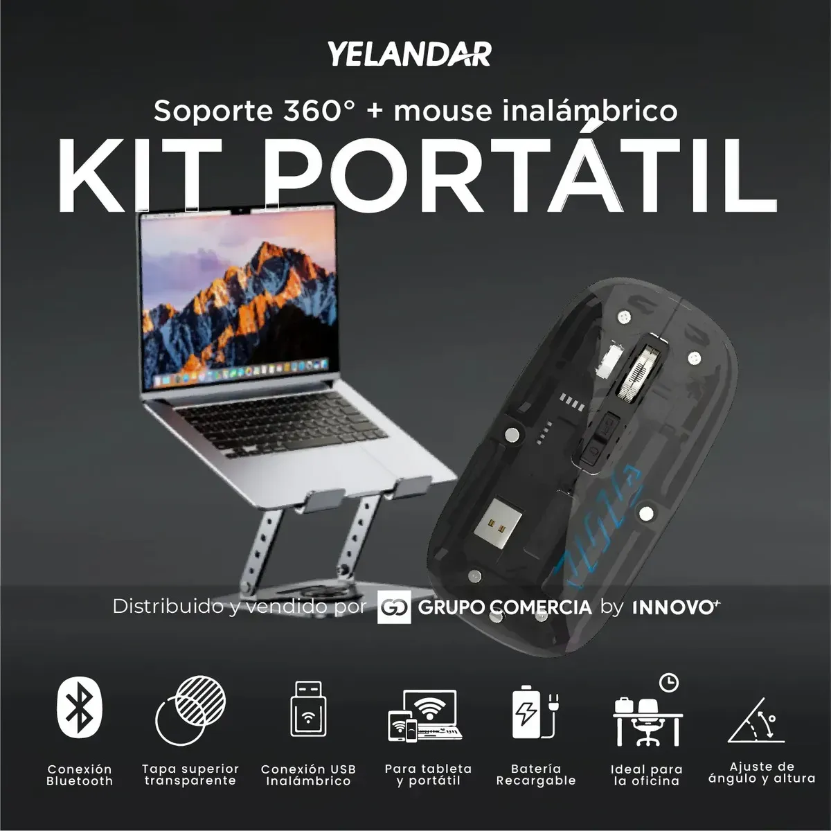 Soporte Laptop Metálico 360° Con Mouse Inalámbrico (bluetooth + 2.4g) Gris Con Negro Gris Con Negro img #2